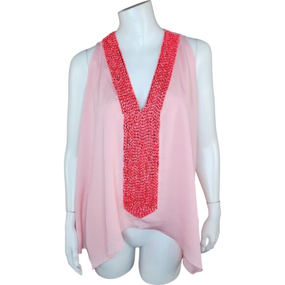 TBAGS LA Sleeveless V-Neck Beaded Front Draped Blouse Top Pink Medium $198 NWT - Picture 1 of 16